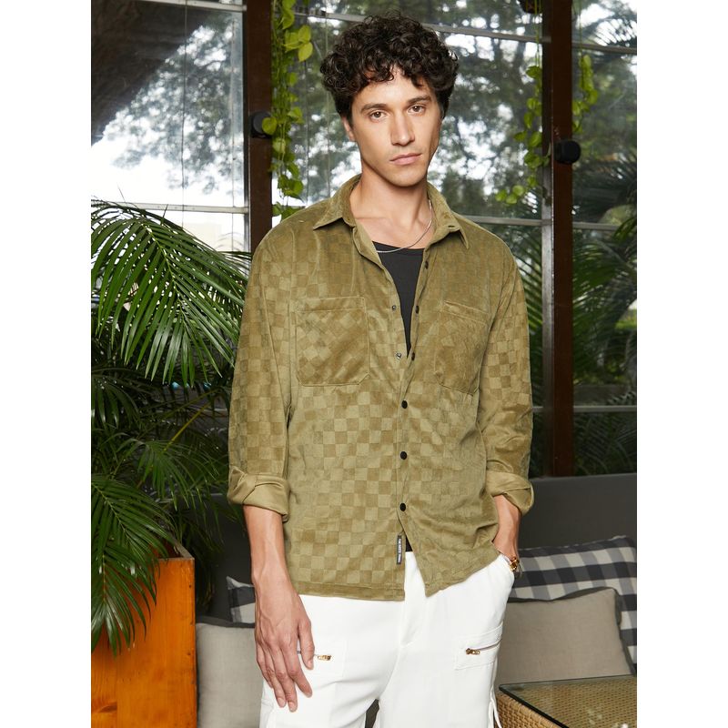 Campus Sutra Men Olive Green Cubic Velvet Utility Shacket (M)