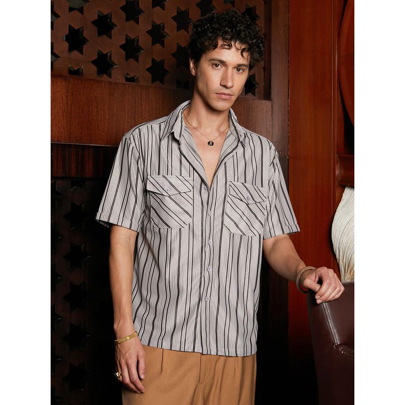 Campus Sutra Men Cloud Grey Multitrack-Striped Utility Shacket (XL)