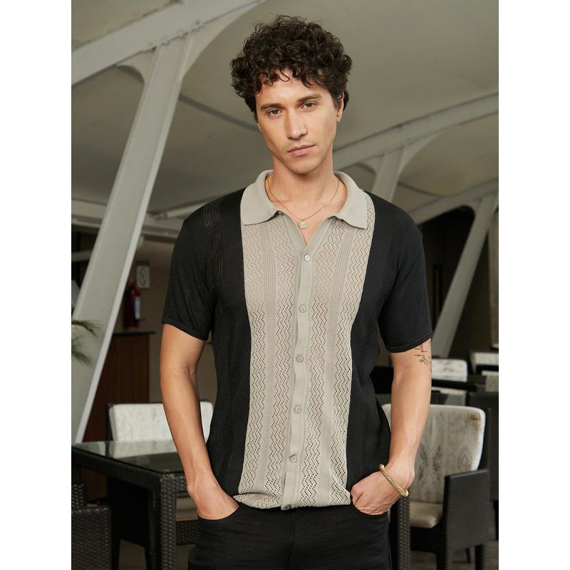 Campus Sutra Men Sand Beige and Onyx Black Block-Knit Slim-Fit Shirt (XL)