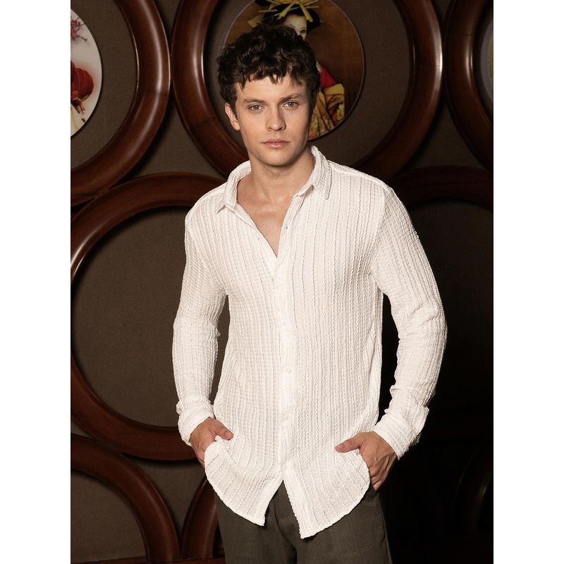 Campus Sutra Men Ivory White Cloud-Lined Textured Shirt (L)