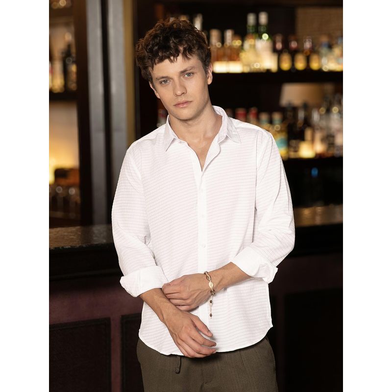 Campus Sutra Men Daisy White Horizontal Seersucker Shirt (XL)