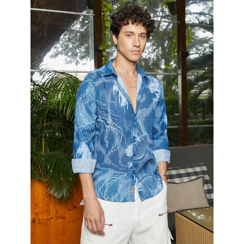 CAHOOT Men Lapis Blue Jellyfish Contrast Shirt (XL)