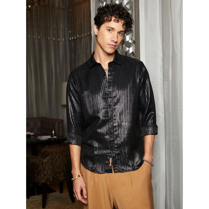 Campus Sutra Men Metallic Black Metallic Blushed Shirt (L)