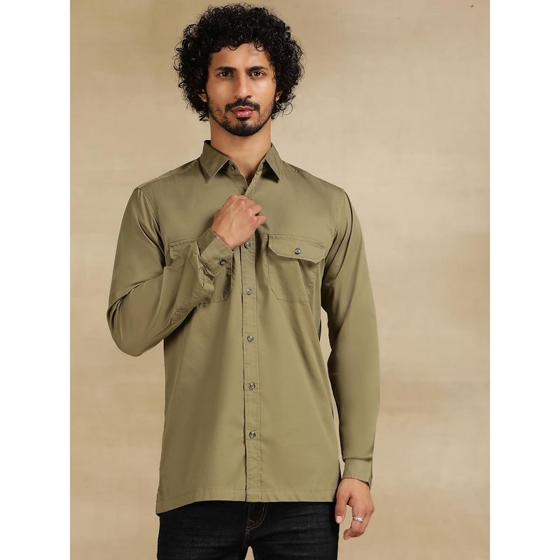 JadeBlue Olive Green Cotton Blend Casual Shirt - Solid Slim Fit Regular (46)