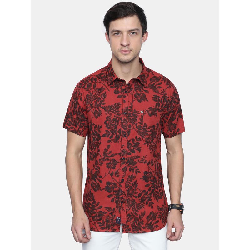 VUDU Red and Black Floral Printed Shirt (S)