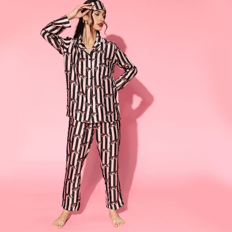 Drape In Vogue Women Black And Cream Stripes With Leopard Print Night Suit - Brown (L)