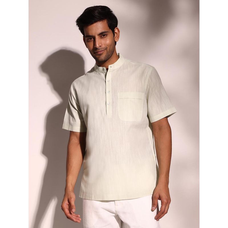 Fabindia Green Cotton Hip Length Half Sleeves Shirt (S)