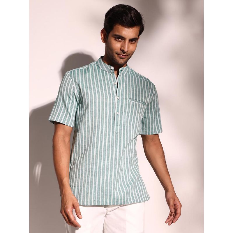 Fabindia Green Cotton Striped Half Sleeves Shirt (S)
