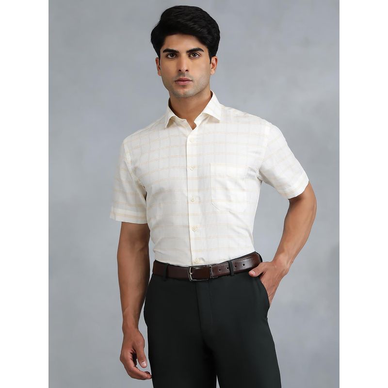Greenfibre Light Yellow Cotton Blend Checked Formal Shirt (39)