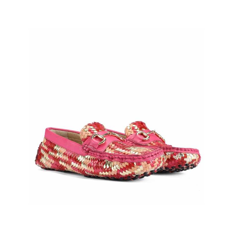 Saint G Women Hand Woven Metallic Pink Leather Loafers (UK 3)