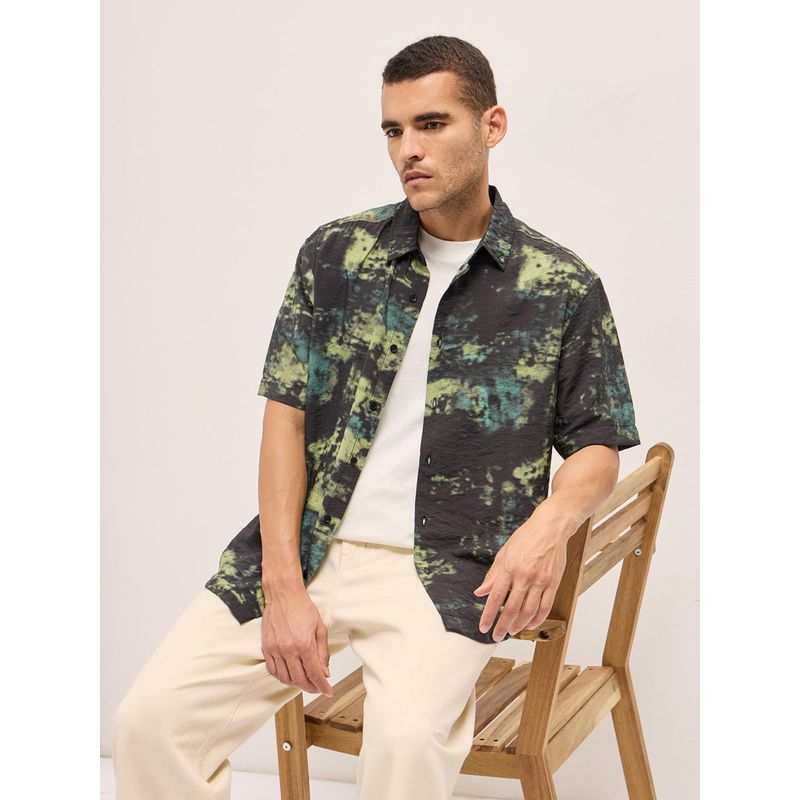 THE BEAR HOUSE Men Green Relaxed Fit Printed Short Sleeve Casual Shirt (S)