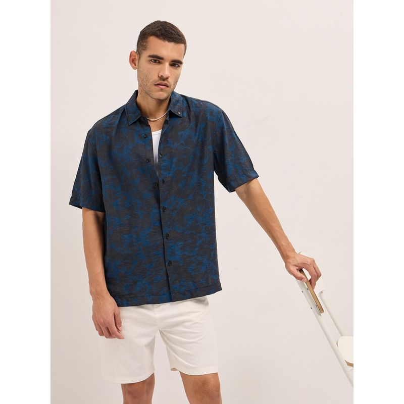 THE BEAR HOUSE Men Blue Relaxed Fit Printed Short Sleeve Casual Shirt (S)