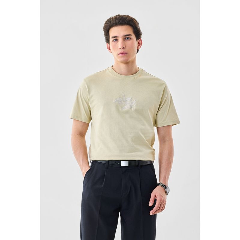 Snitch Light Yellow Embroidery Half Sleeves Regular Casual T-Shirt (S)