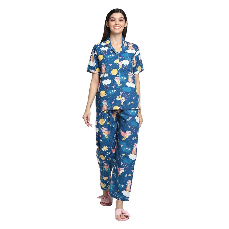 Shopbloom Premium Cotton | Animated Print Shirt & Pyjama Women's Set | Lounge Wear - Blue (S)
