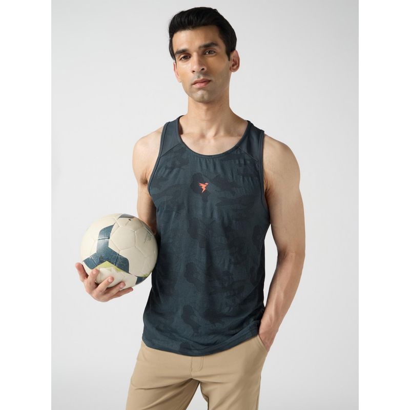 Technosport Men Grey Jacquard Slim Fit Round Neck Sports Tank Top with Ventmesh (L)