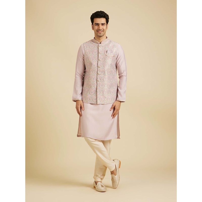 Manyavar Pink Floral Kurta with Nehru Jacket and Pyjama (Set of 3) (2XL)