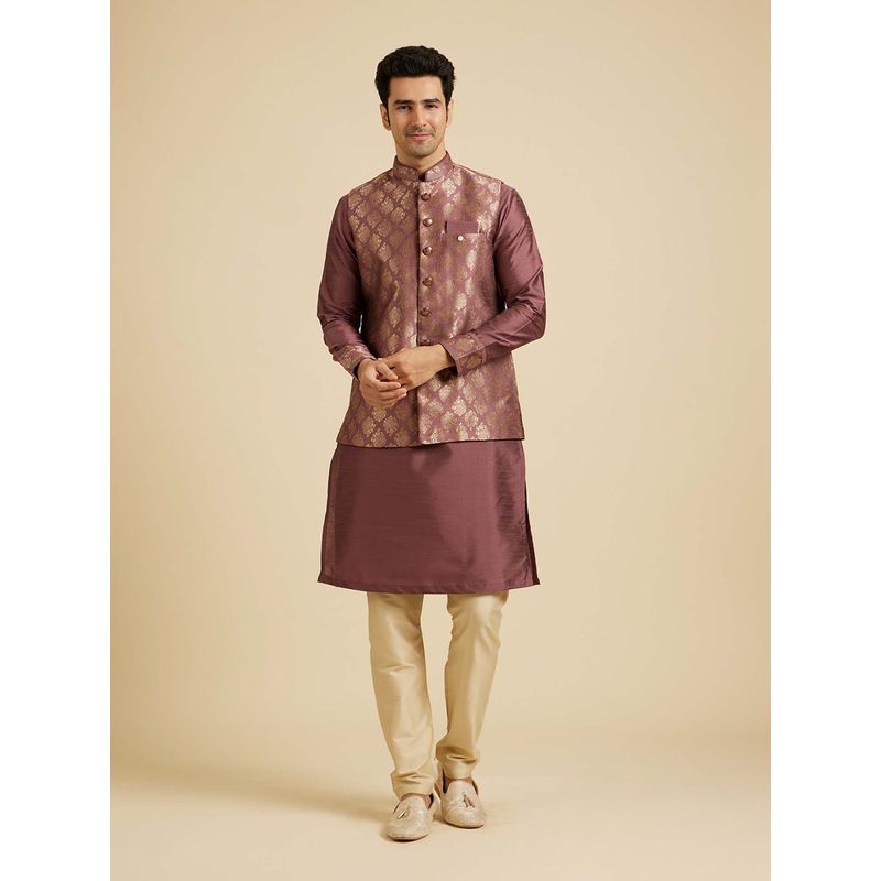 Manyavar Wine Self Design Kurta with Nehru Jacket and Pyjama (Set of 3) (L)
