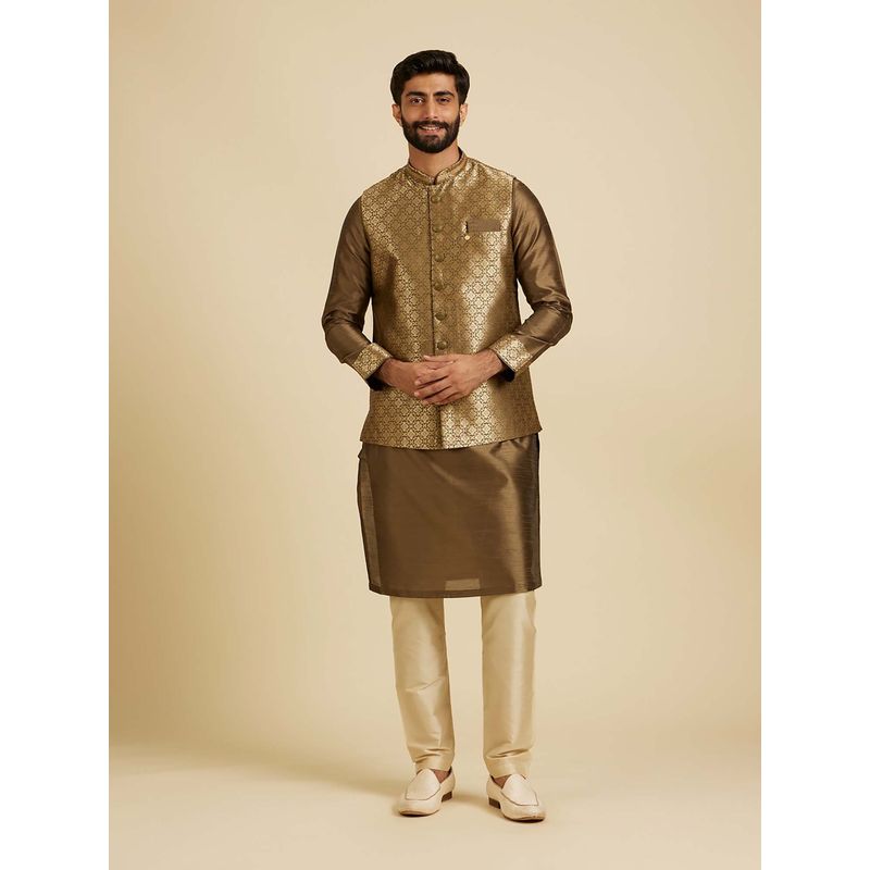 Manyavar Green Self Design Kurta with Nehru Jacket and Pyjama (Set of 3) (L)