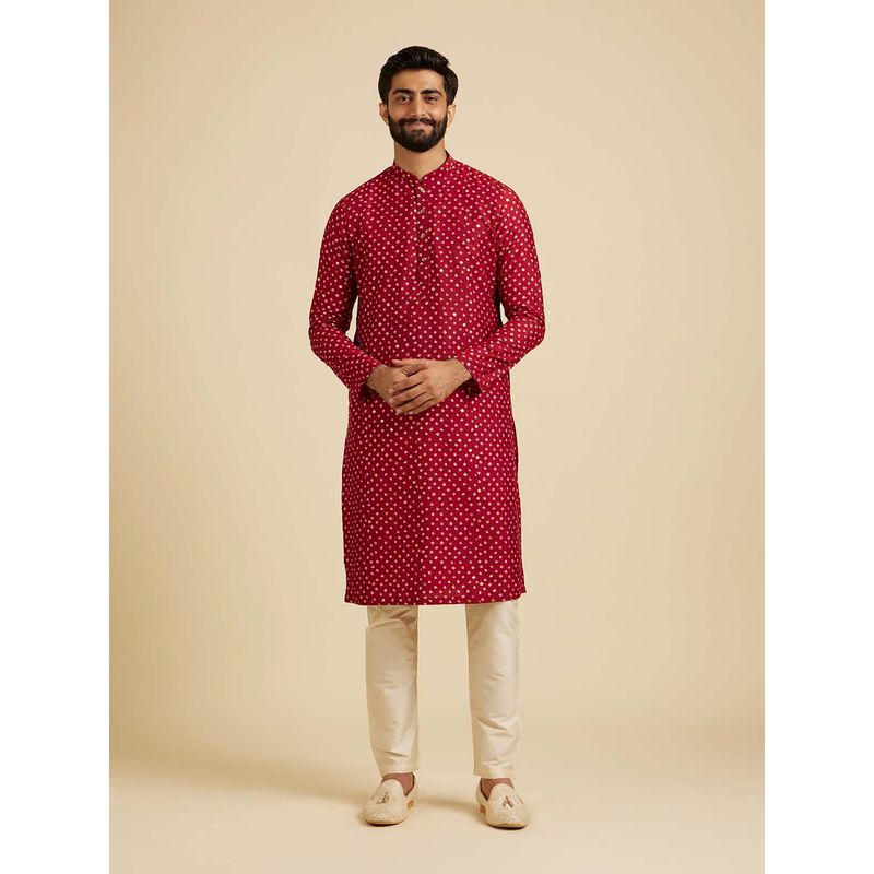 Manyavar Red Printed Kurta with Nehru Jacket and Pyjama (Set of 3) (M)