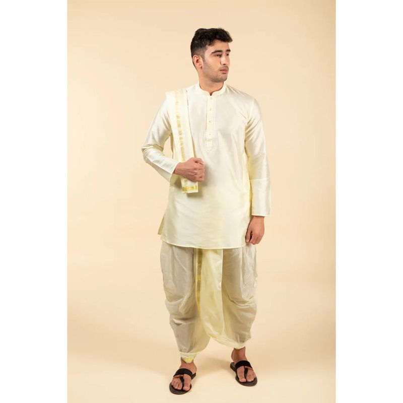 TATTVA Off White Solid Kurta with Dhoti and Shalya (Set of 3) (38)