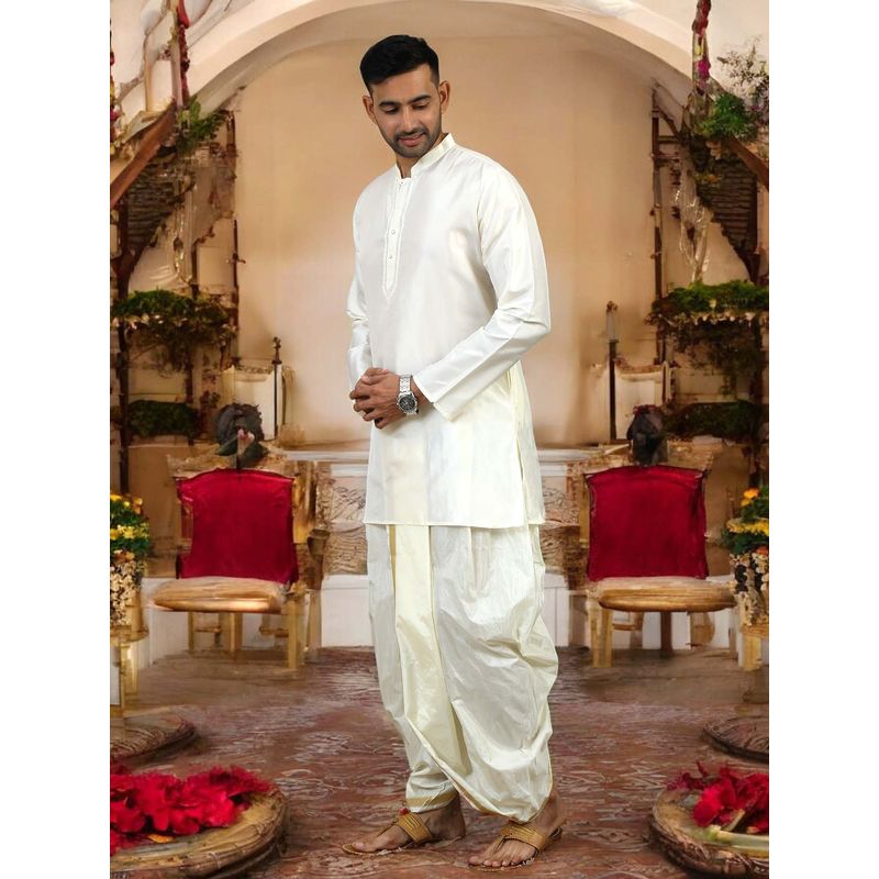 TATTVA Cream Solid Kurta with Dhoti and Shalya (Set of 3) (38)
