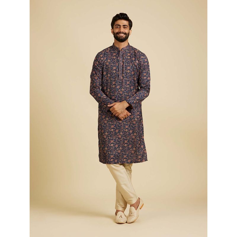 Manyavar Blue Floral Kurta and Pyjama (Set of 2) (S)