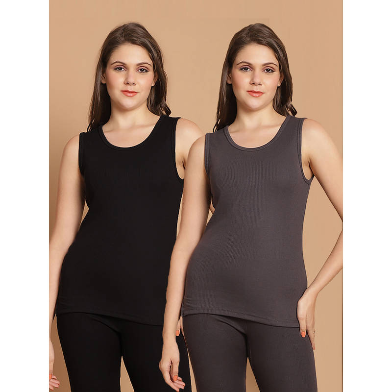 Aerowarm Multi-Color Solid Cotton Regular Thermal Tops (Pack of 2) (S)