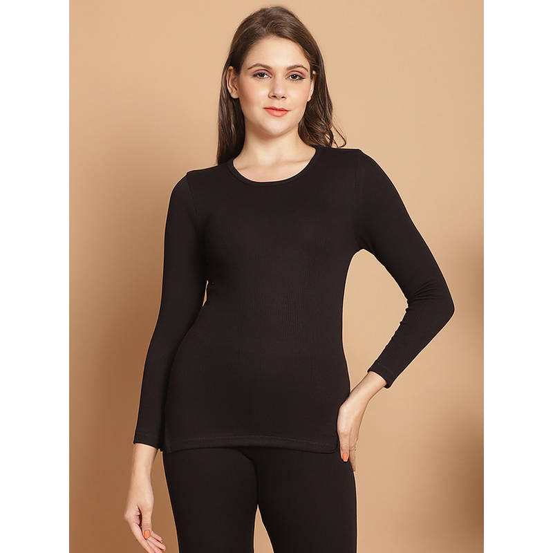 Aerowarm Black Solid Cotton Regular Fit Thermal Top (S)