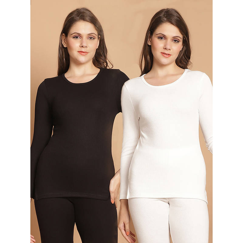 Aerowarm Multi-Color Solid Cotton Regular Thermal Tops (Pack of 2) (S)
