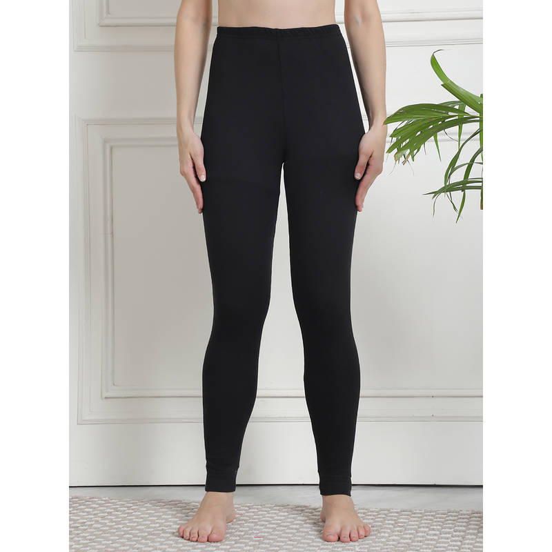 Aerowarm Black Solid Cotton Skinny Fit Thermal Bottom (S)