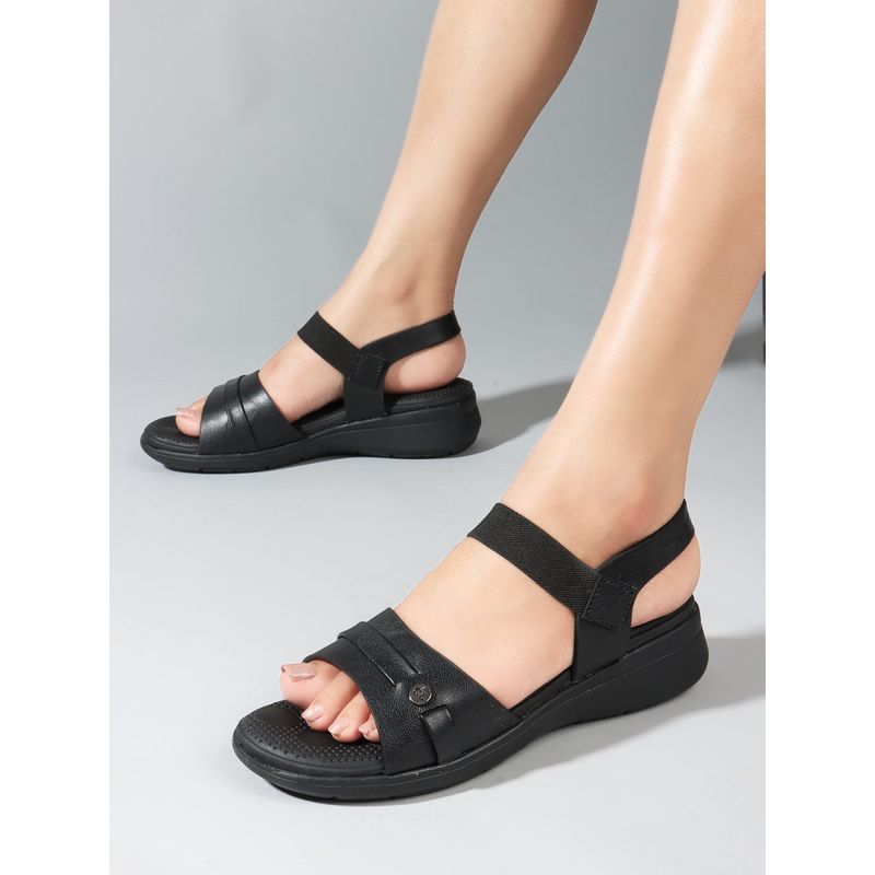 Carlton London Black Hook & Loop Round Toe Women Sandals (EURO 41)