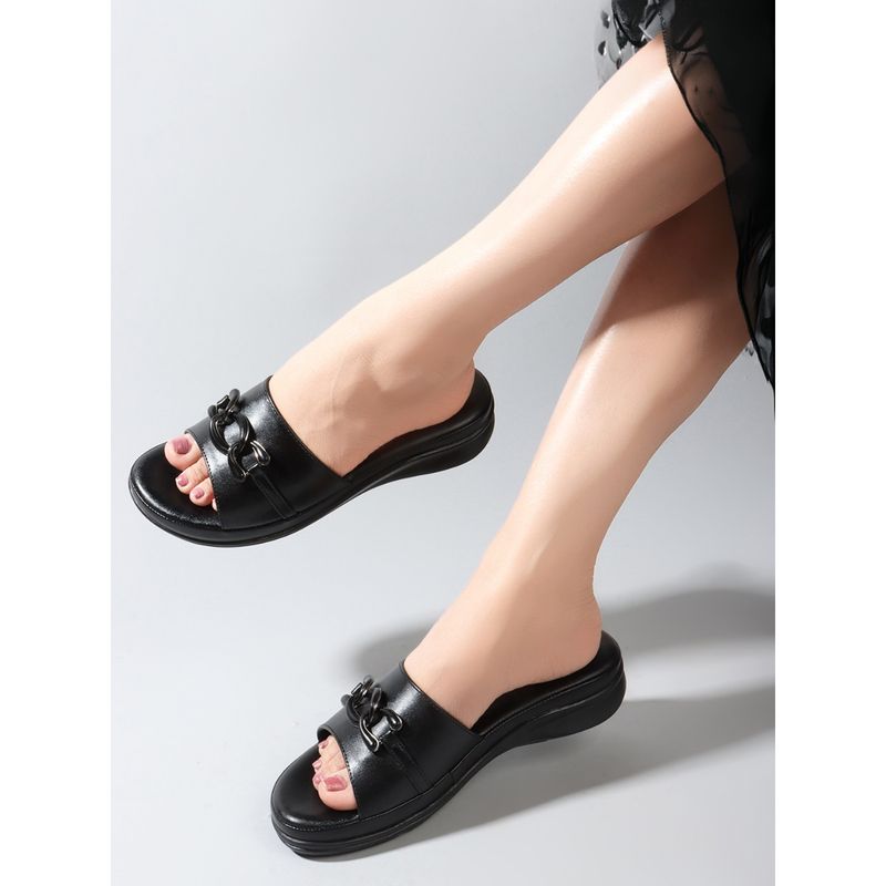 Carlton London Black Slip-On Round Toe Women Sandals (EURO 37)