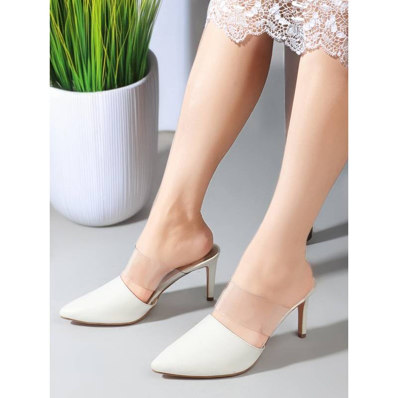 Carlton London White Slip-On Pointed Toe Women Mule Heels (EURO 39)