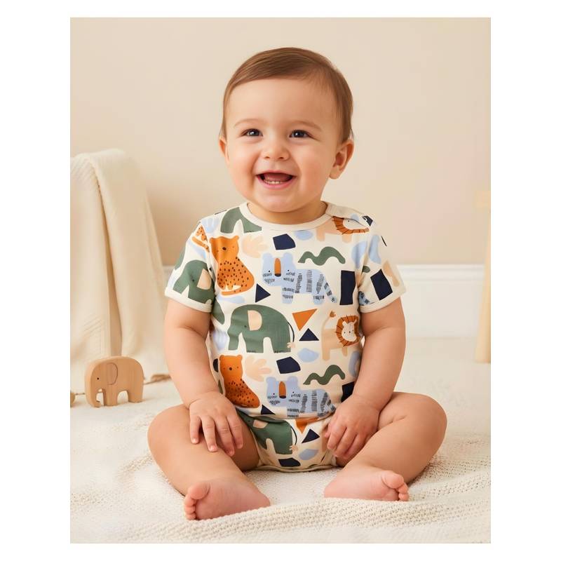 My Milestones 100% Cotton Half Sleeves Animals Onesie - Cream (0-3 Months)