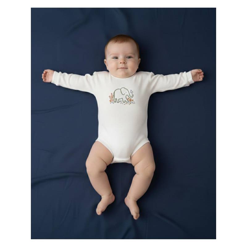 My Milestones 100% Cotton Full Sleeves Elephant Onesie - Cream (0-3 Months)