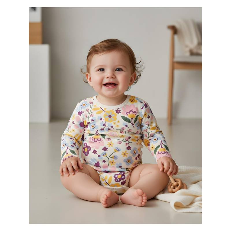 My Milestones 100% Cotton Full Sleeves Floral Onesie - Cream (0-3 Months)