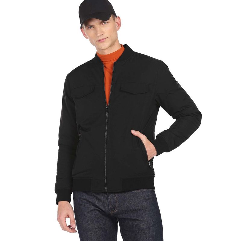 Arrow Newyork Men Black Stand Neck Solid Bomber Jackets (L)