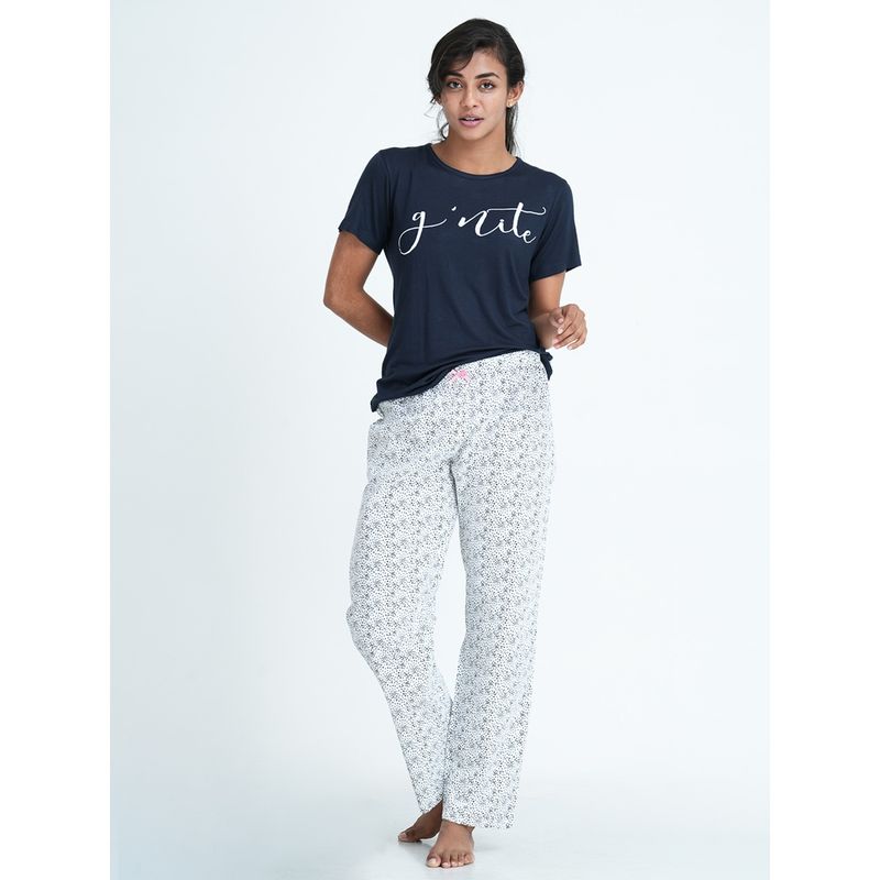 Mackly Womens Printed Tshirt & Pyjama Set-Black (S)