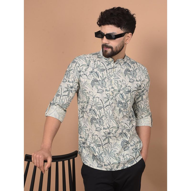 CRIMSOUNE CLUB Men Green Floral Print Linen Shirt Kurta (M)