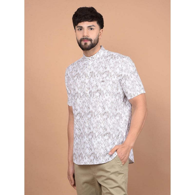 CRIMSOUNE CLUB Men White Floral Print Linen Shirt Kurta (S)
