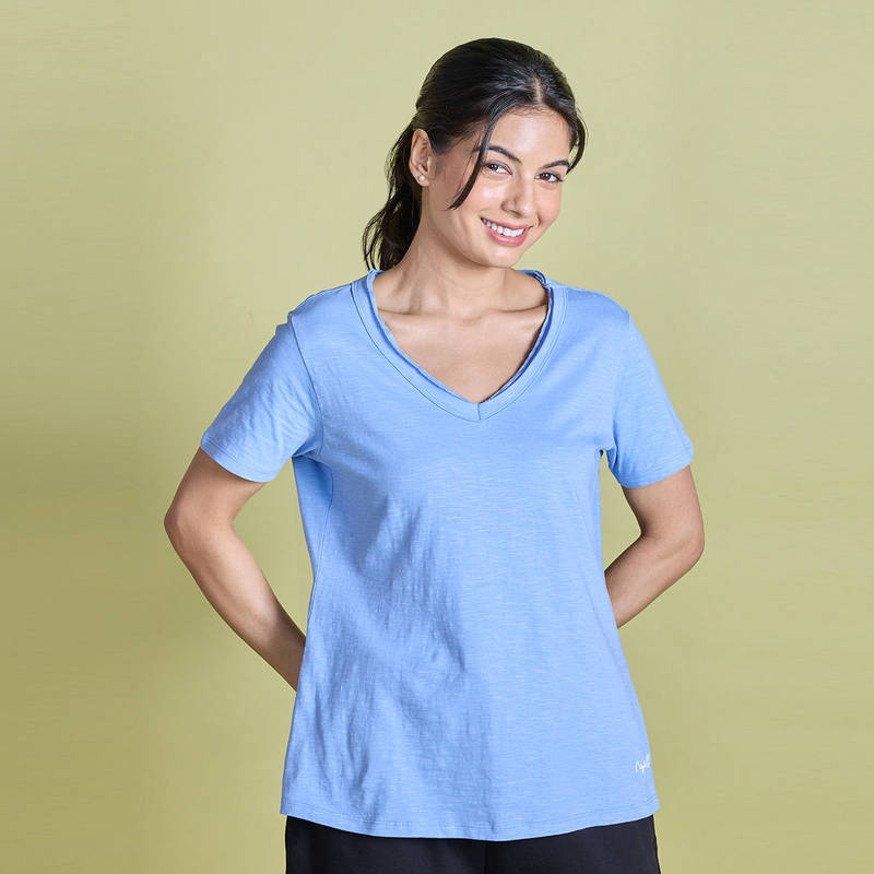 Nykd By Nykaa V Neck Slub Cotton Tee -NYLE512-Hydrangea (S)