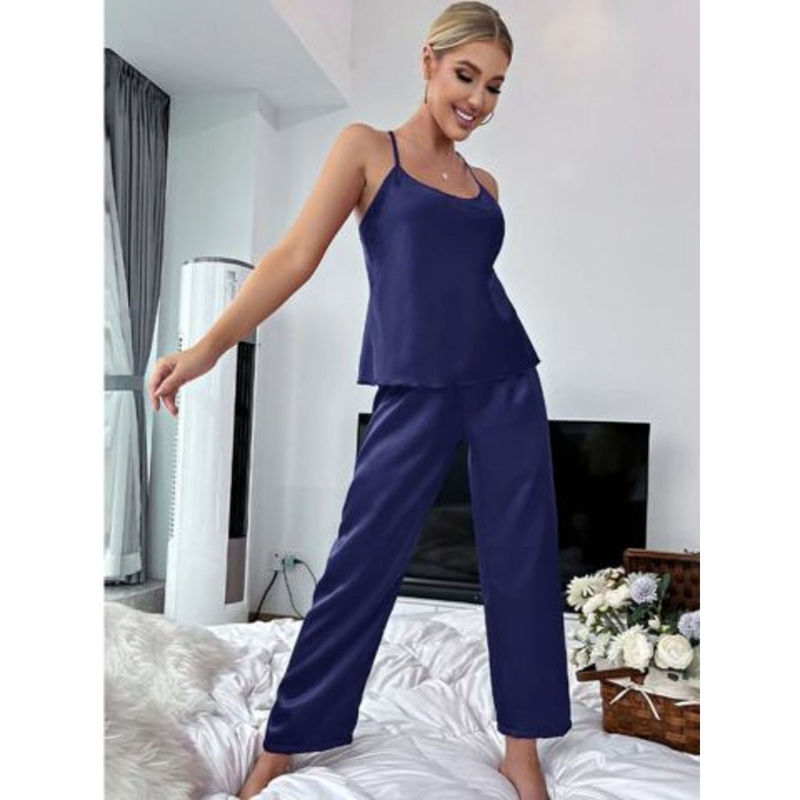 Ansee by Addery Blue Satin Cami Top and Pants Nightsuit (Set of 2) (M)