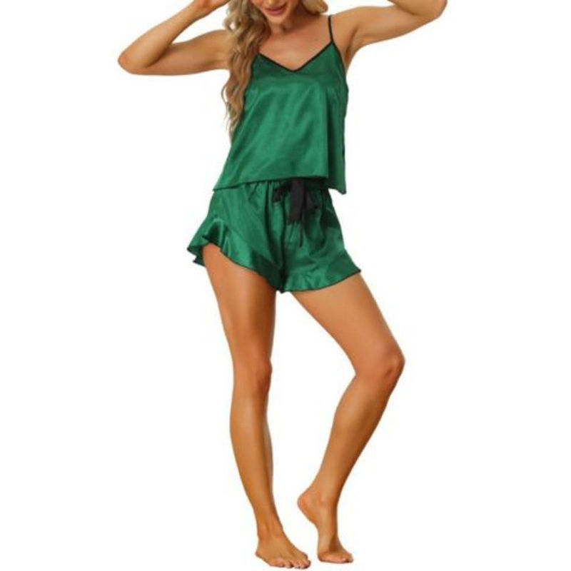 Ansee by Addery Green Satin Cami Top and Ruffled Short (Set of 2) (M)