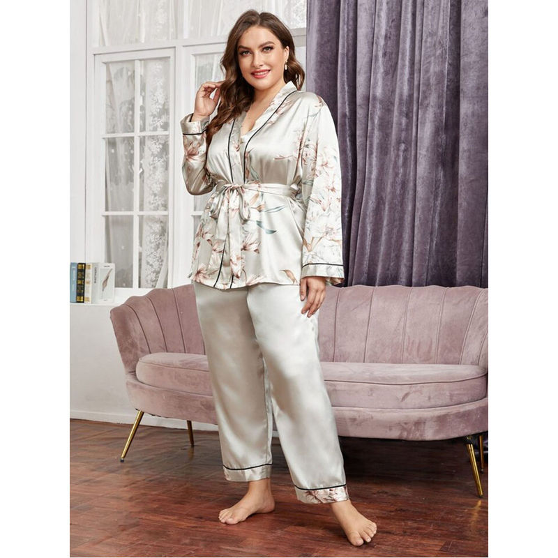 Ansee by Addery Grey Wrap-Up Floral Night Suit (Set of 3) (XL)