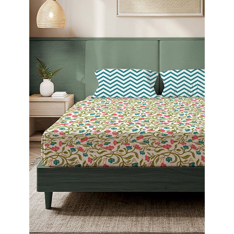 Urban Space Kashmir Pink & Blue Microfiber 200 TC Bedsheet with Pillow covers (Double)