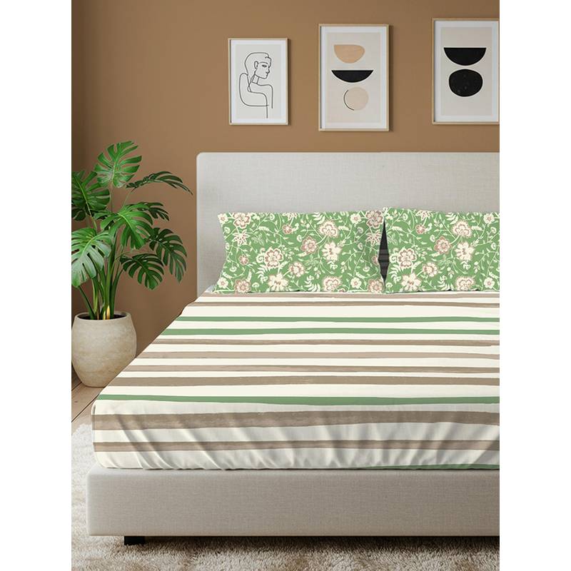 Urban Space Streak Sage Green Cotton Bedsheet with 2 Pillow Covers (Double)