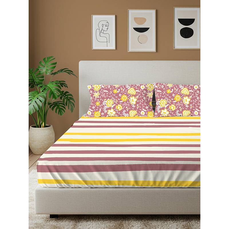 Urban Space Streak Muddy Pink Cotton Bedsheet with 2 Pillow Covers (Double)
