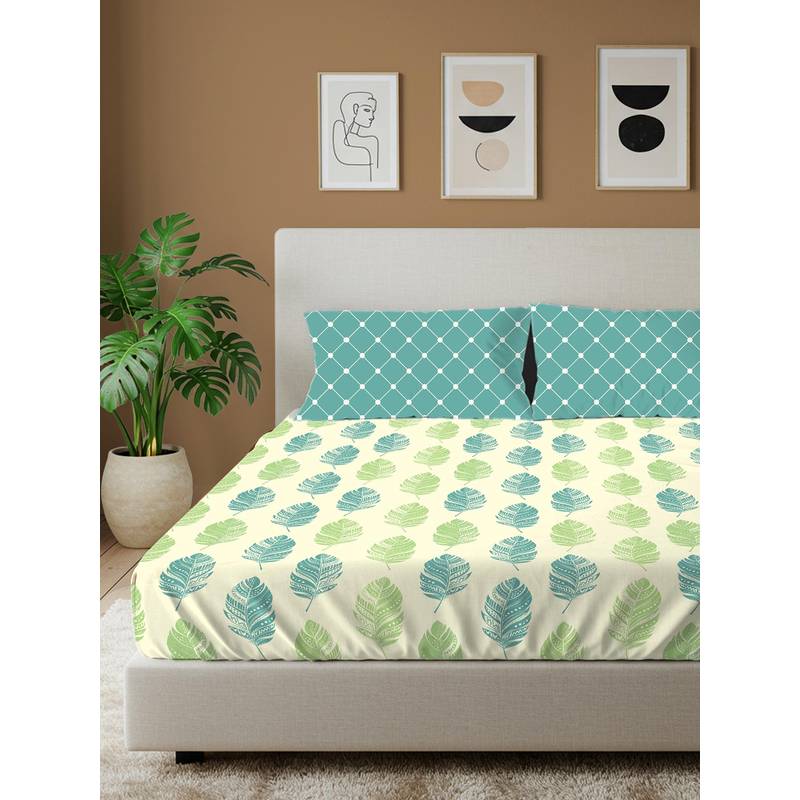 Urban Space Dew Teal Cotton Bedsheet with 2 Pillow Covers (Double)