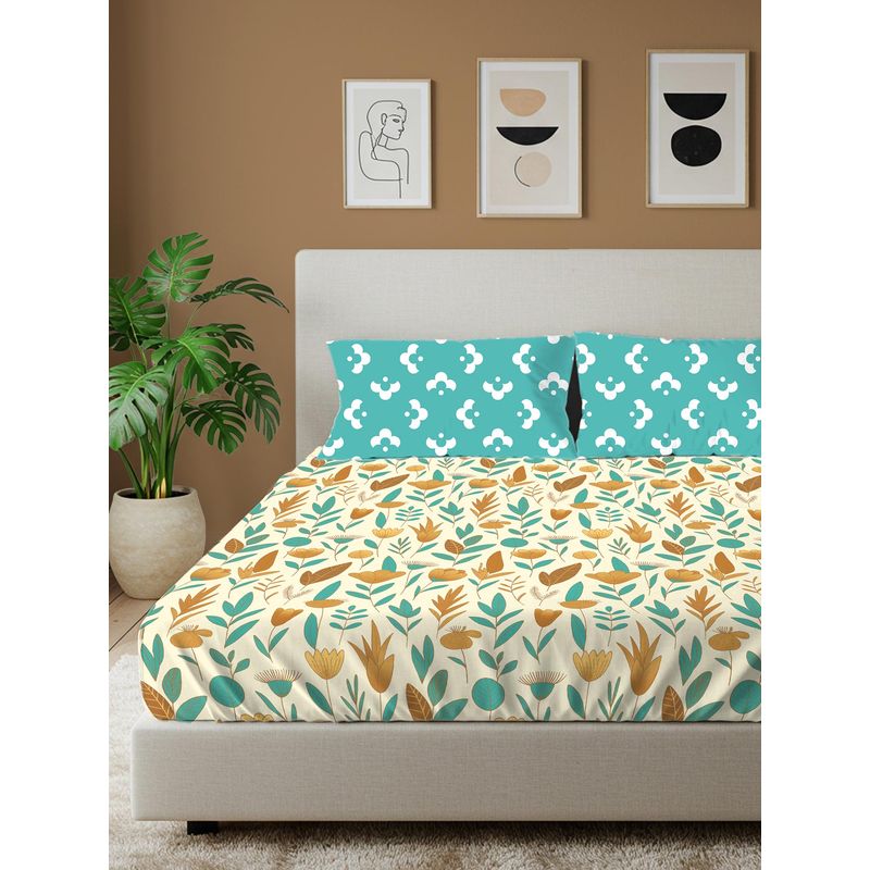 Urban Space Mist Teal Blue Cotton Bedsheet with 2 Pillow Covers (Double)