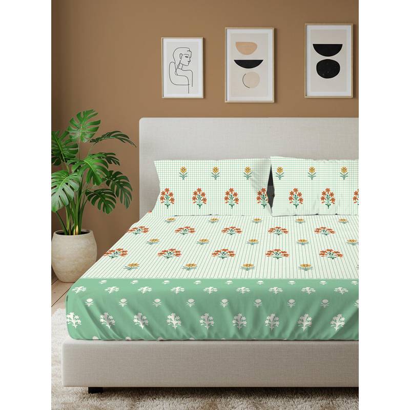 Urban Space Magnolia sage green Cotton Bedsheet with 2 Pillow Covers (Double)